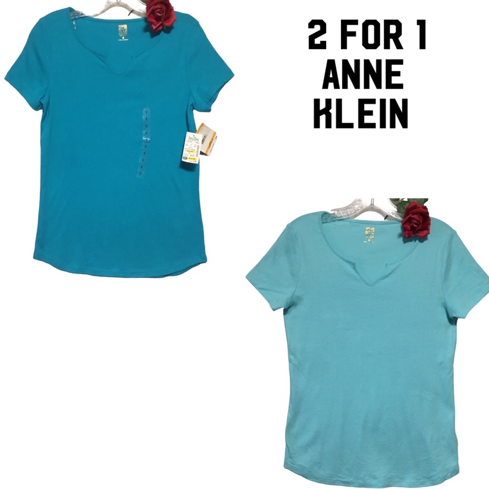 2 Anne Klein Sport Tee Shirts Solid color Teal & Aqua SM short sleeves 1 is NWT